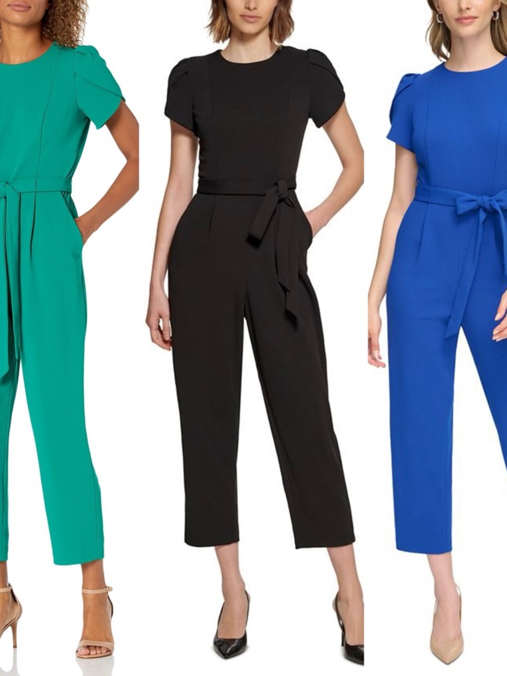 CALVIN KLEIN Jumpsuit Cropped Tulip Sleeve Belted Round Neck Pockets Back Zip - Picture 9 of 14